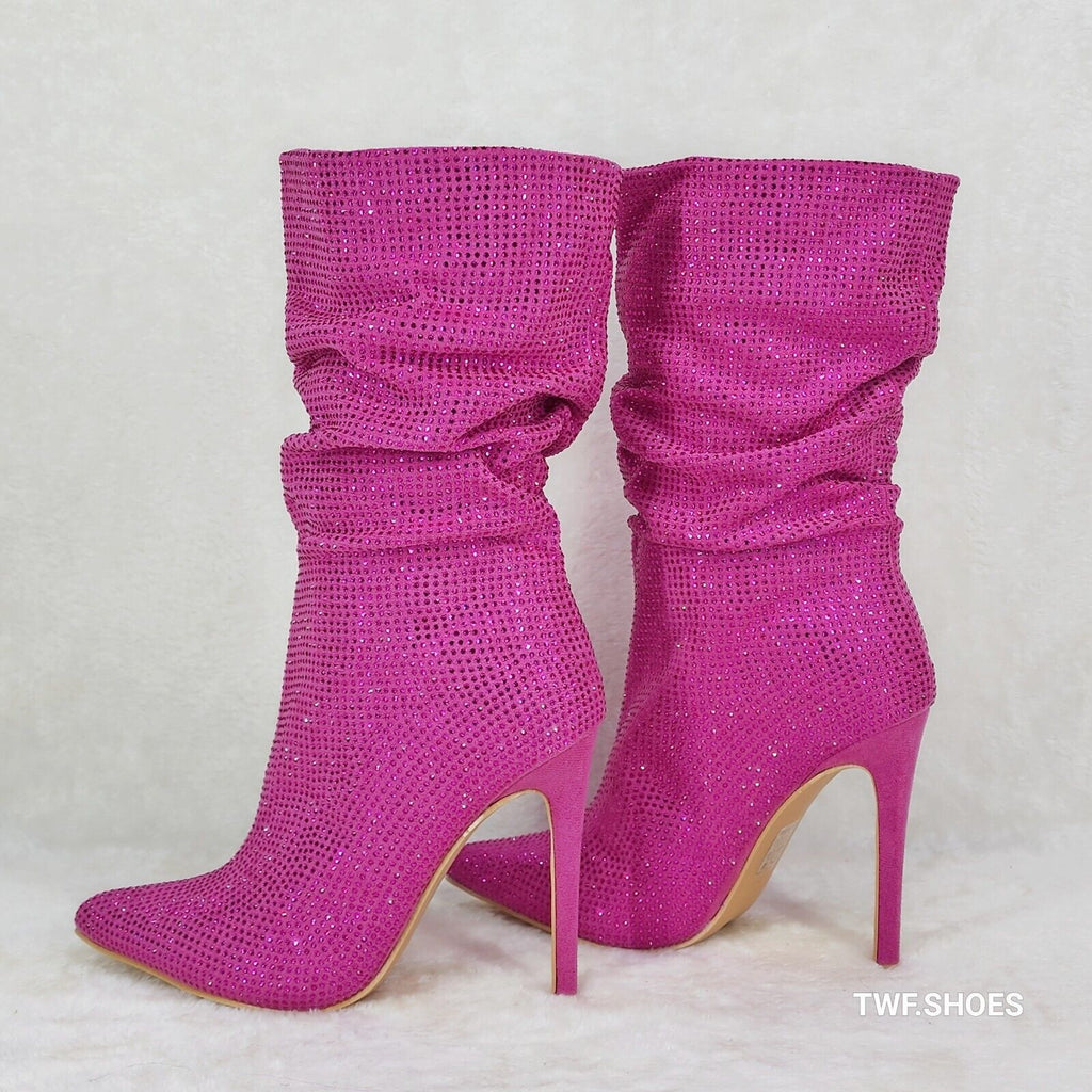 Resolve Sparkling Pink Rhinestone High Heel Slouch Calf Boots New Years Bling - Totally Wicked Footwear