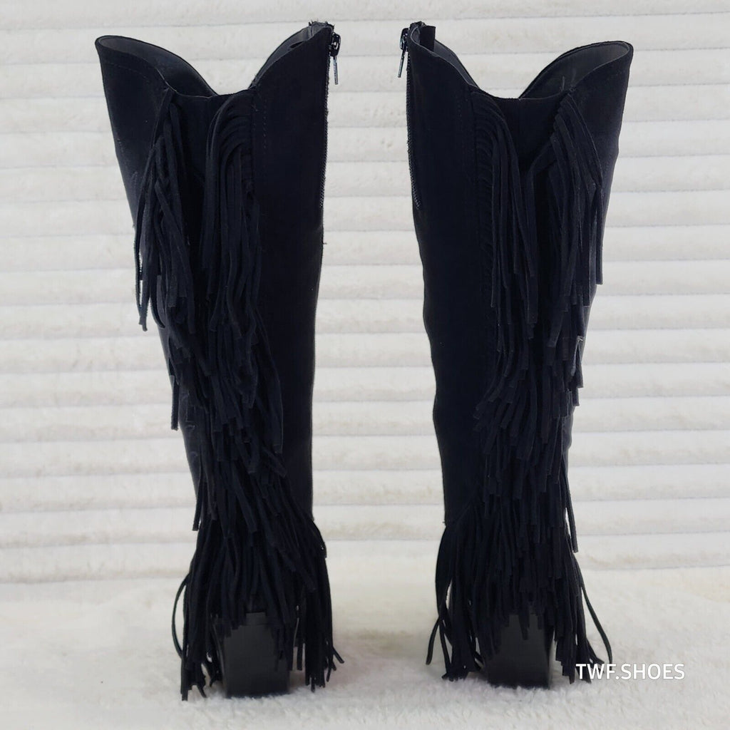 Dusty Roads Black Faux Suede Back Fringe Western Cowgirl Boots - Totally Wicked Footwear
