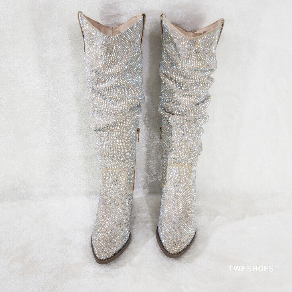 Angel Rider Beige W/ Rhinestones Country Glam Western Cowgirl Slouch Knee Boots - Totally Wicked Footwear