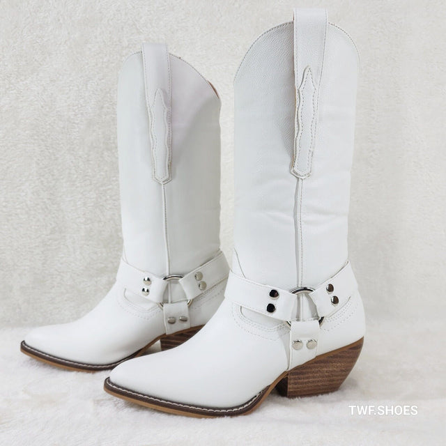 Western Rider Cut Harness White Leatherette Cowboy Pull On Country Cowgirl Boots - Totally Wicked Footwear