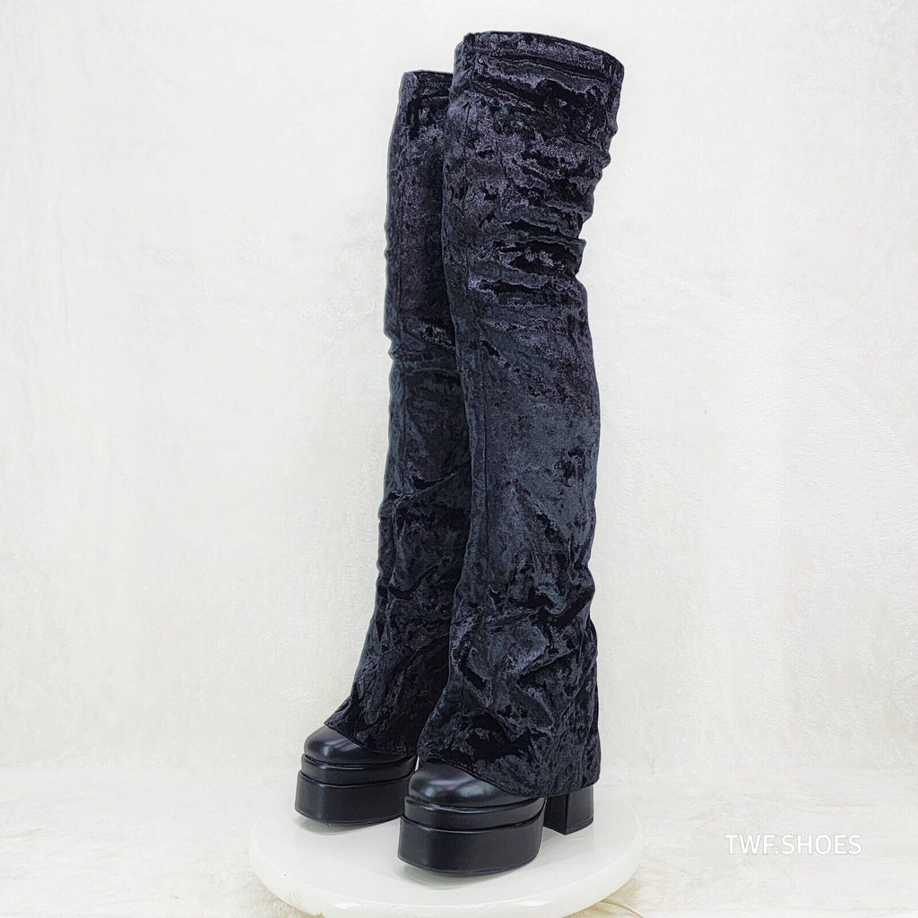 Unique Thigh High Black Velvet Fold over Skirted Chunky Heel Platform Boots - Totally Wicked Footwear