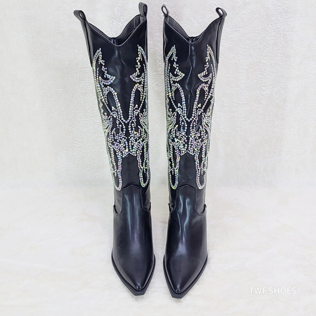 Razzle Black Country Western Cowgirl Knee Boots Rhinestone Dazzle - Totally Wicked Footwear