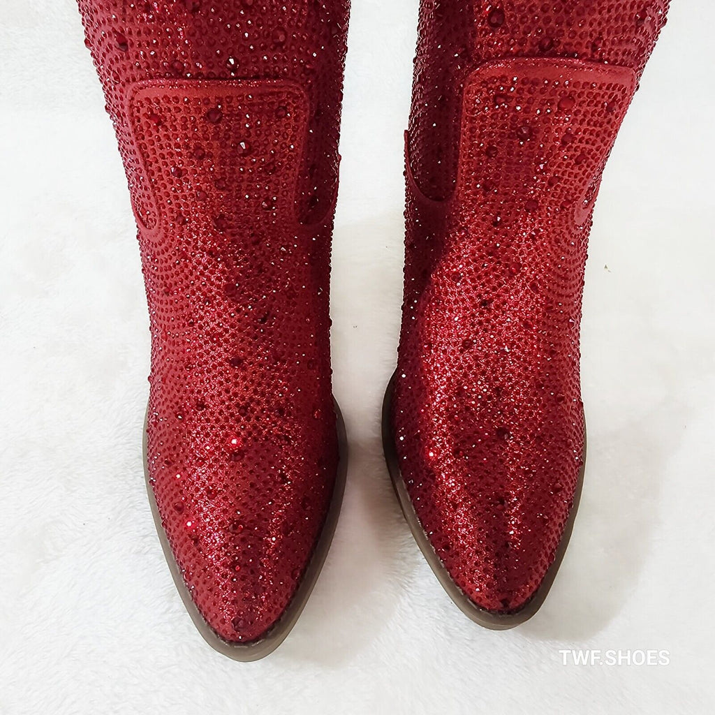 Dolly Red Rhinestone Glitter Disco Cowgirl Country Glam Western Ankle Boots - Totally Wicked Footwear