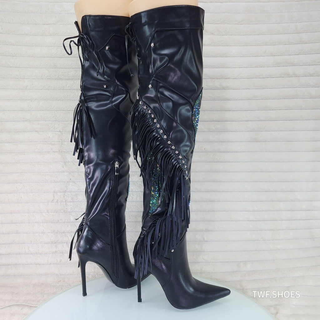 Frenzy Black Fringe Rhinestone Over The Knee Thigh Boots Azalea Wang - Totally Wicked Footwear