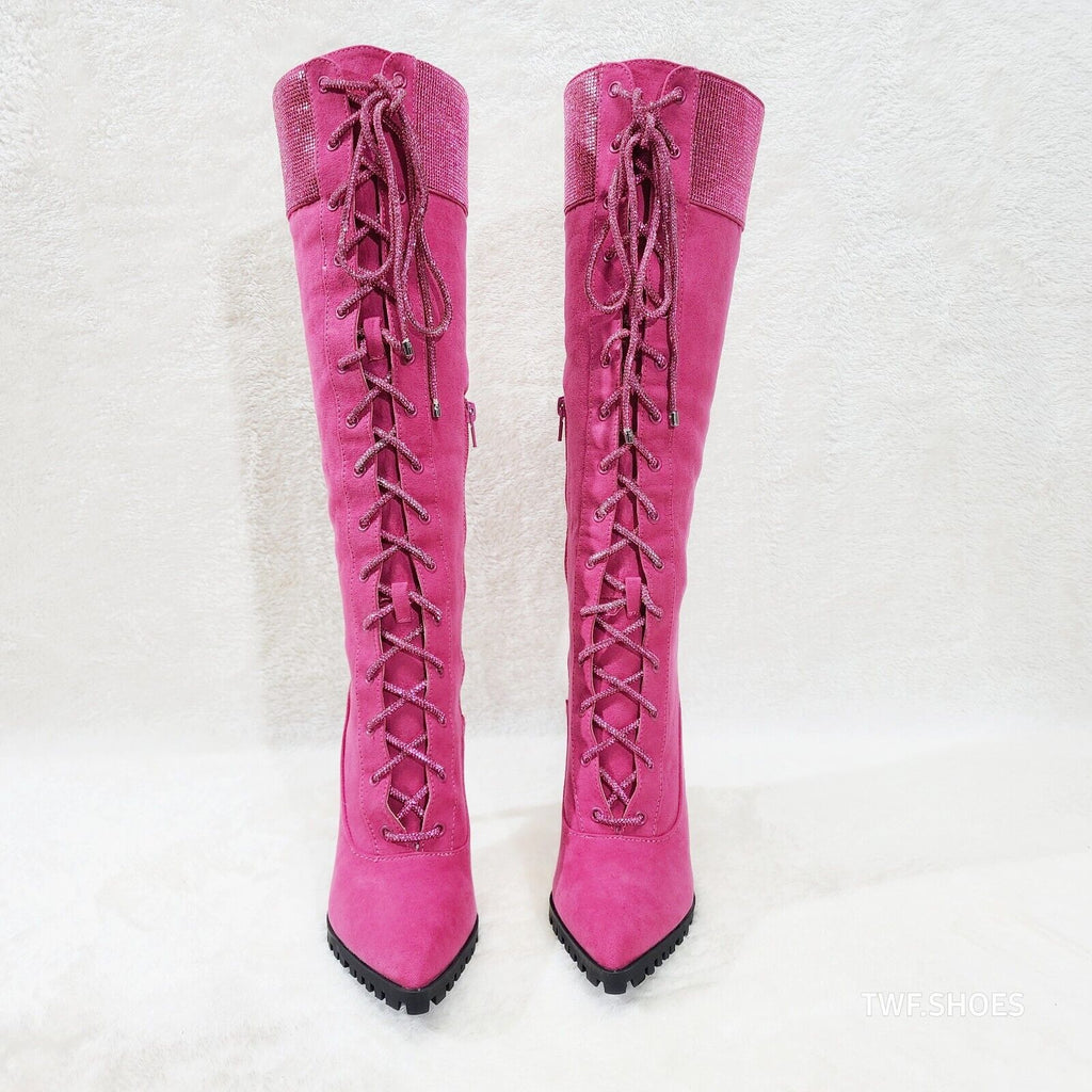 Queens FX Suede & Rhinestone Pointy Toe High Heels Stiletto Lace Up Knee Boots - Totally Wicked Footwear