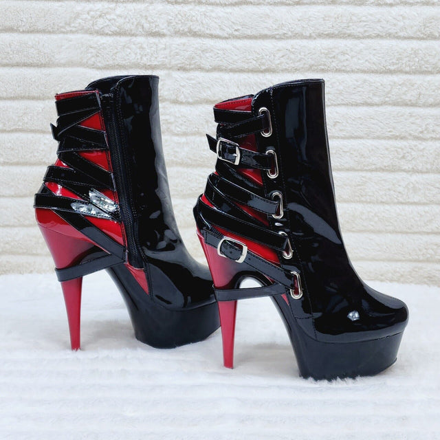 Delight 1012 Black / Red Buckle Strap 6" High Heels Platform Ankle Boots NY - Totally Wicked Footwear