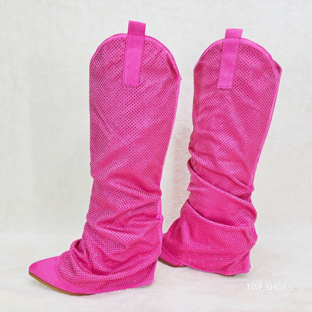 Country Twist Fuchsia Draped Rhinestone Fold Over Western Cowgirl Boots - Totally Wicked Footwear