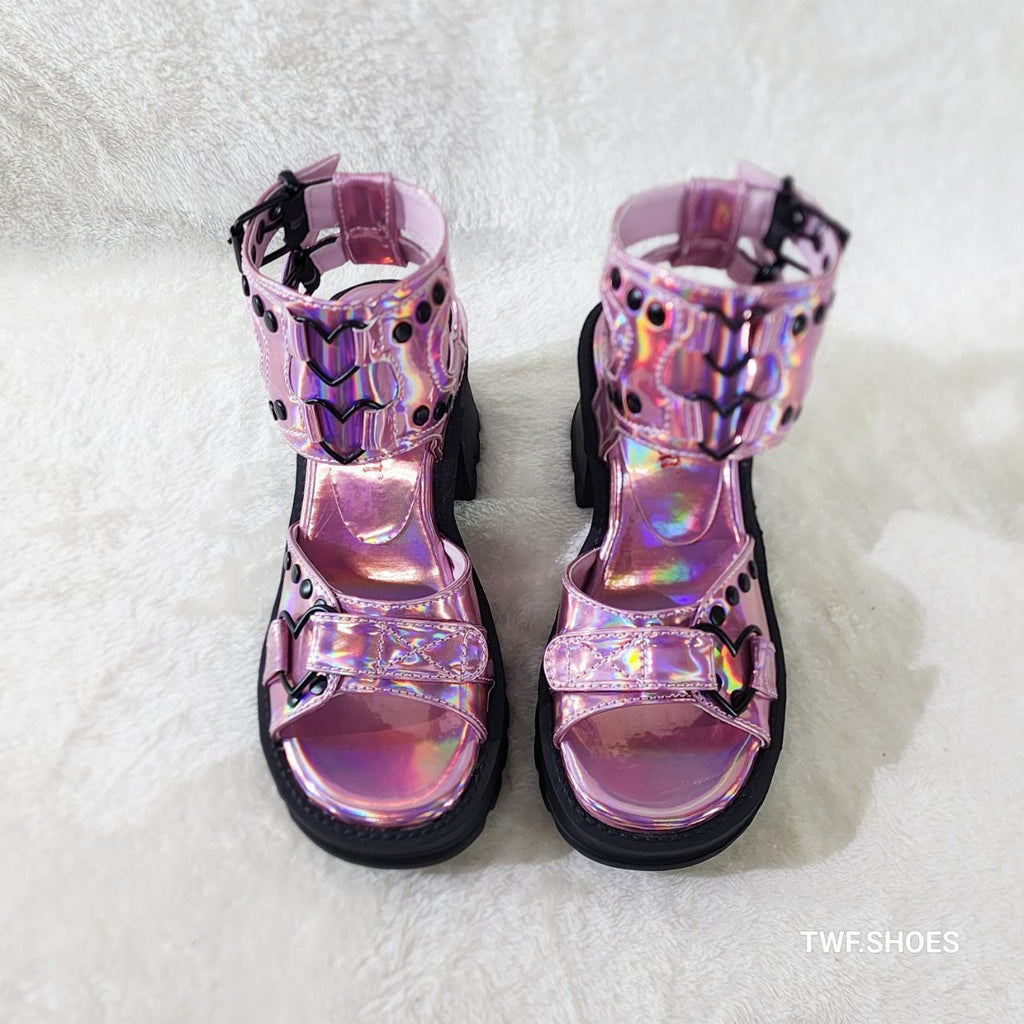 Bratty Pink Hologram Block Heel Goth Punk Platform Sandals In House NY DEMONIA - Totally Wicked Footwear