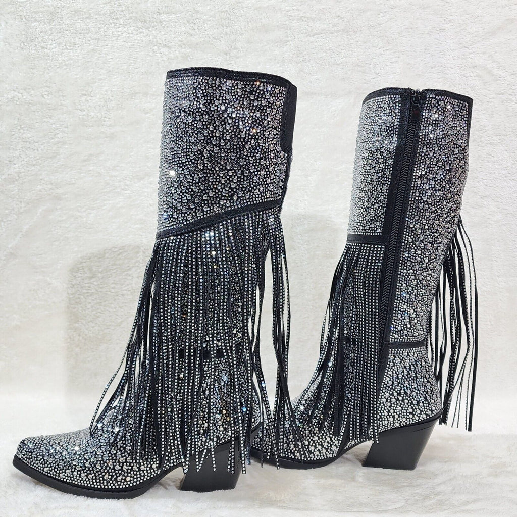 Western Diva Black Asymmetrical Fringe Rhinestone Glam Cowgirl Boots - Totally Wicked Footwear