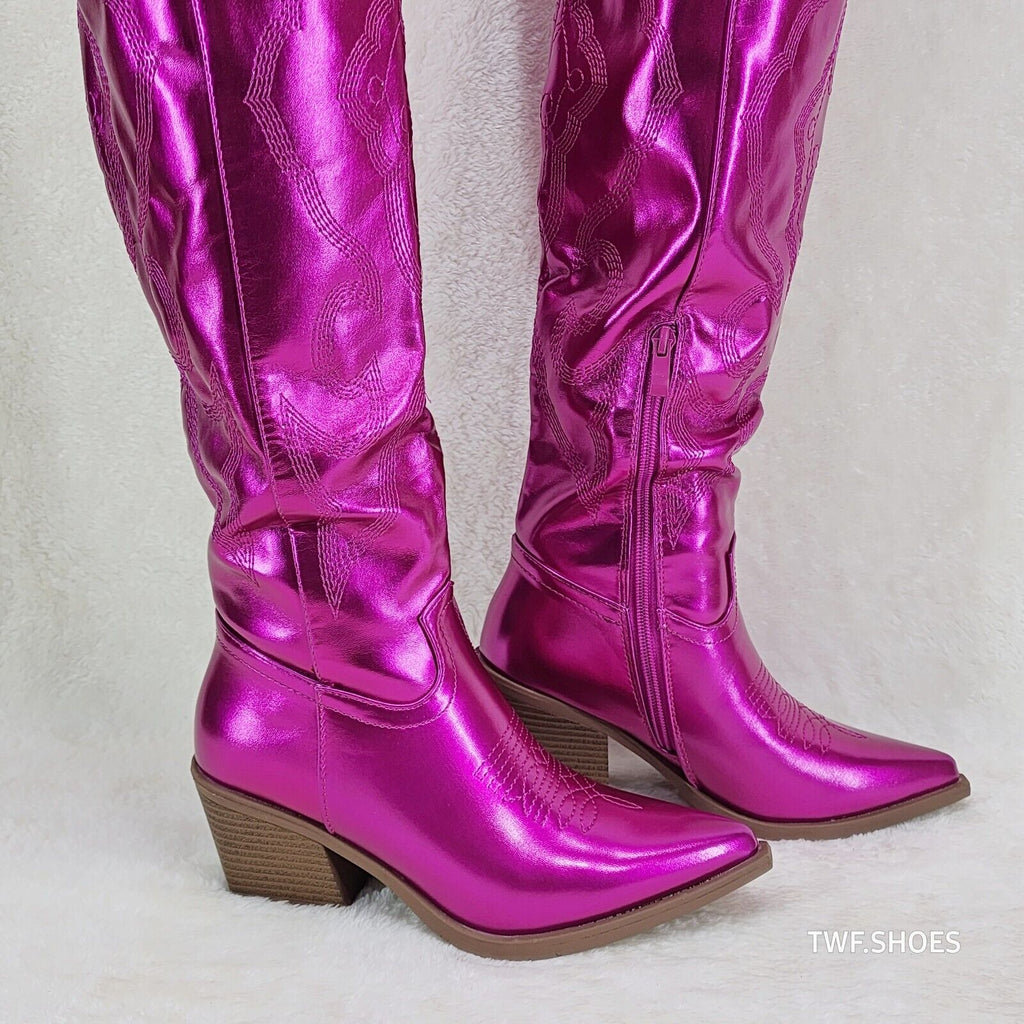 Country Disco Cowboy Metallic Hot Pink Western Cowgirl OTK Thigh Boots - Totally Wicked Footwear