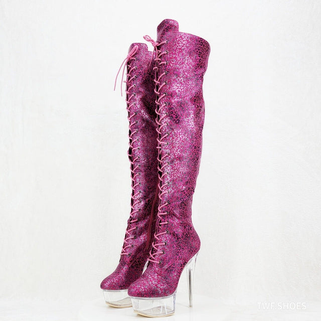 Bulls Purple Glitter Leopard Print OTK Clear Platform High Heel Thigh Boots - Totally Wicked Footwear