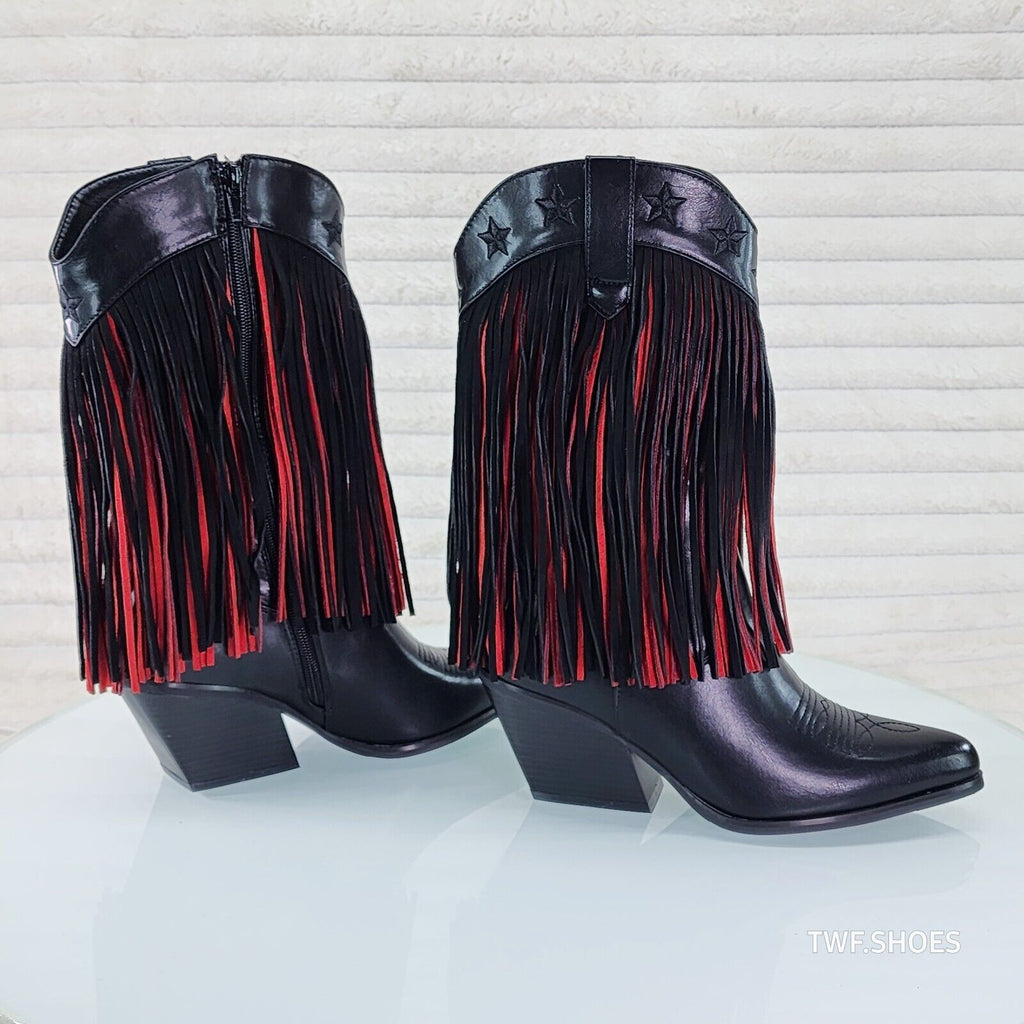 Country Swing Black and Red Fringe Western Cowgirl Boots Tuck Zipper - Totally Wicked Footwear