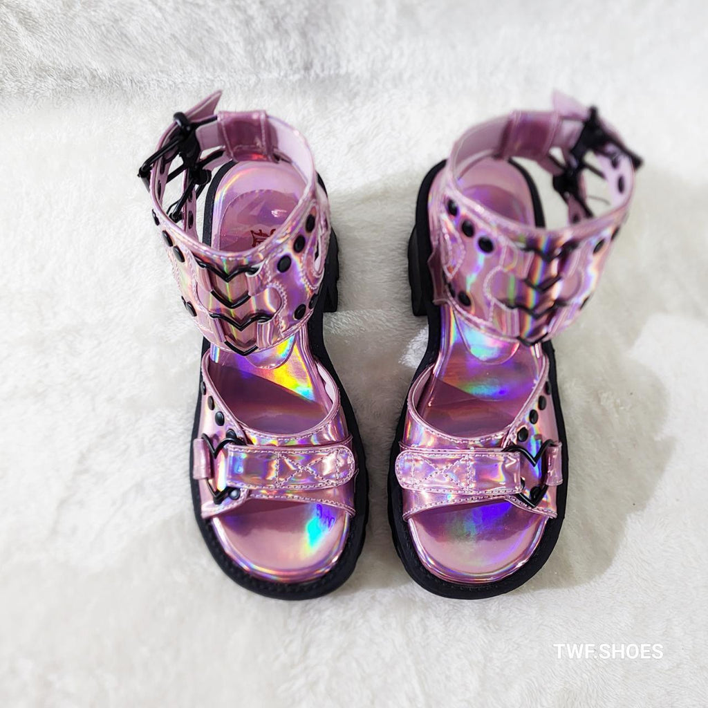 Bratty Pink Hologram Block Heel Goth Punk Platform Sandals In House NY DEMONIA - Totally Wicked Footwear