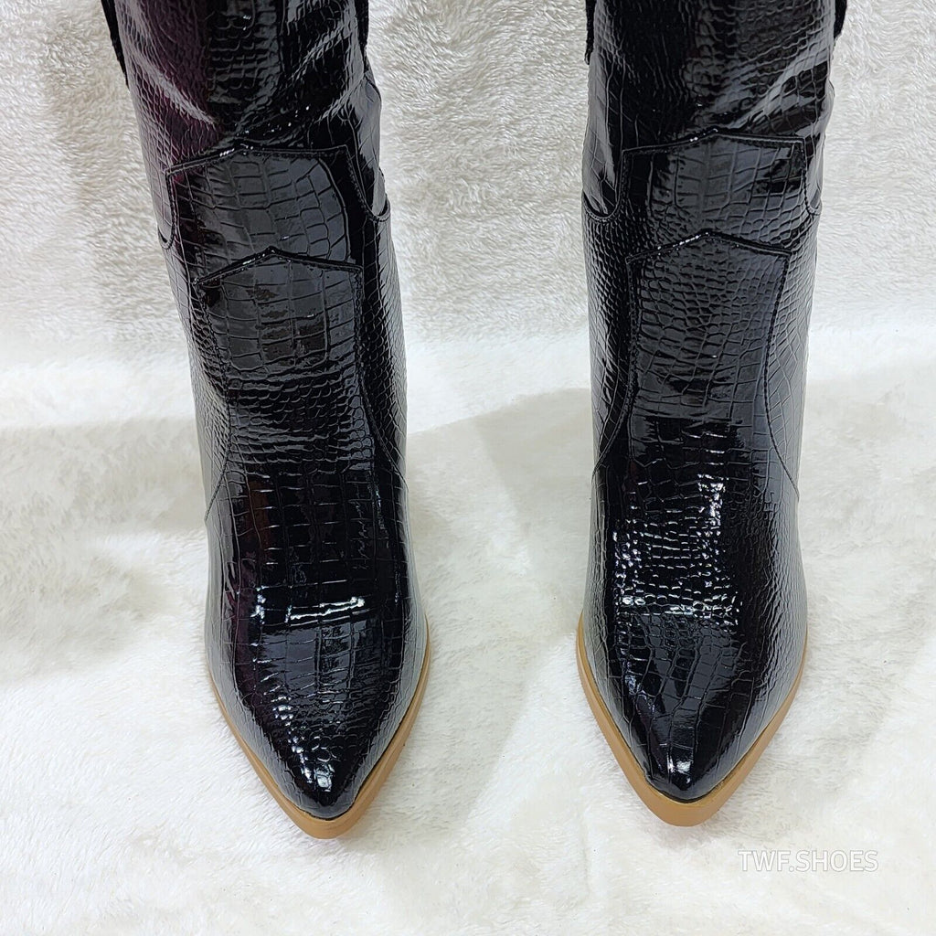 Twisted Black Patent Country Western Cowgirl Ankle Boots 2 Tone Split Cut Heels - Totally Wicked Footwear
