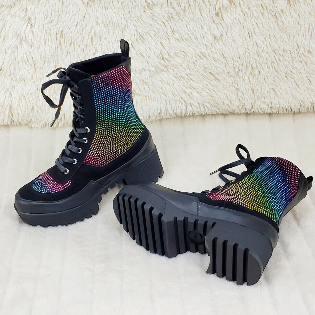 Queen Pin 2 Rainbow Rhinestone Lace Up Platform Combat Ankle Boots Restocked - Totally Wicked Footwear