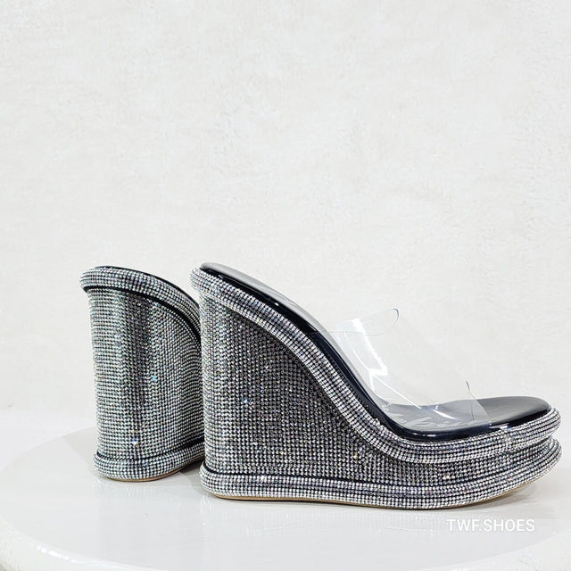 Zesty Black Silver Rhinestone Platform Wedge Heel Slip On Sandals - Totally Wicked Footwear