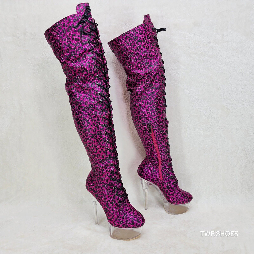 Bulls Hot Pink Leopard Glitter Over the Knee Clear Platform High Heel Thigh Boot - Totally Wicked Footwear
