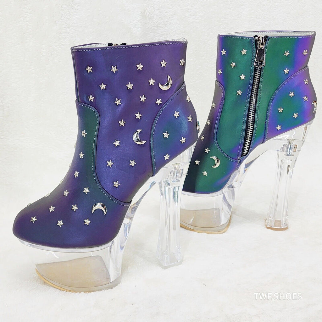 Ocho Purple Multi Reflective Ankle Boots Clear Platform & Chunky Heels Moon Star - Totally Wicked Footwear