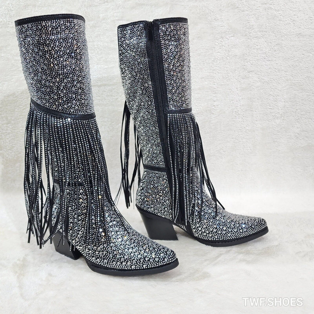 Western Diva Black Asymmetrical Fringe Rhinestone Glam Cowgirl Boots - Totally Wicked Footwear