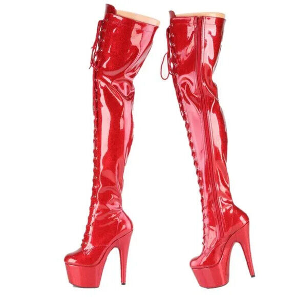 3020 Red Glitter Patent 3020 Lace Up Thigh High Platform Boots Adore 7" Heels - Totally Wicked Footwear