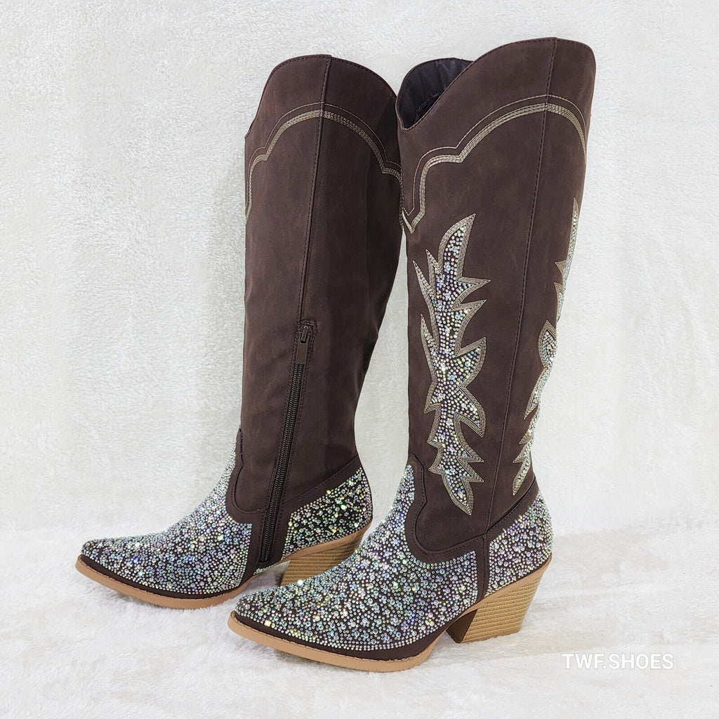 Annie Brown Leatherette With Rhinestones Country Glam Western Cowgirl Knee Boots - Totally Wicked Footwear