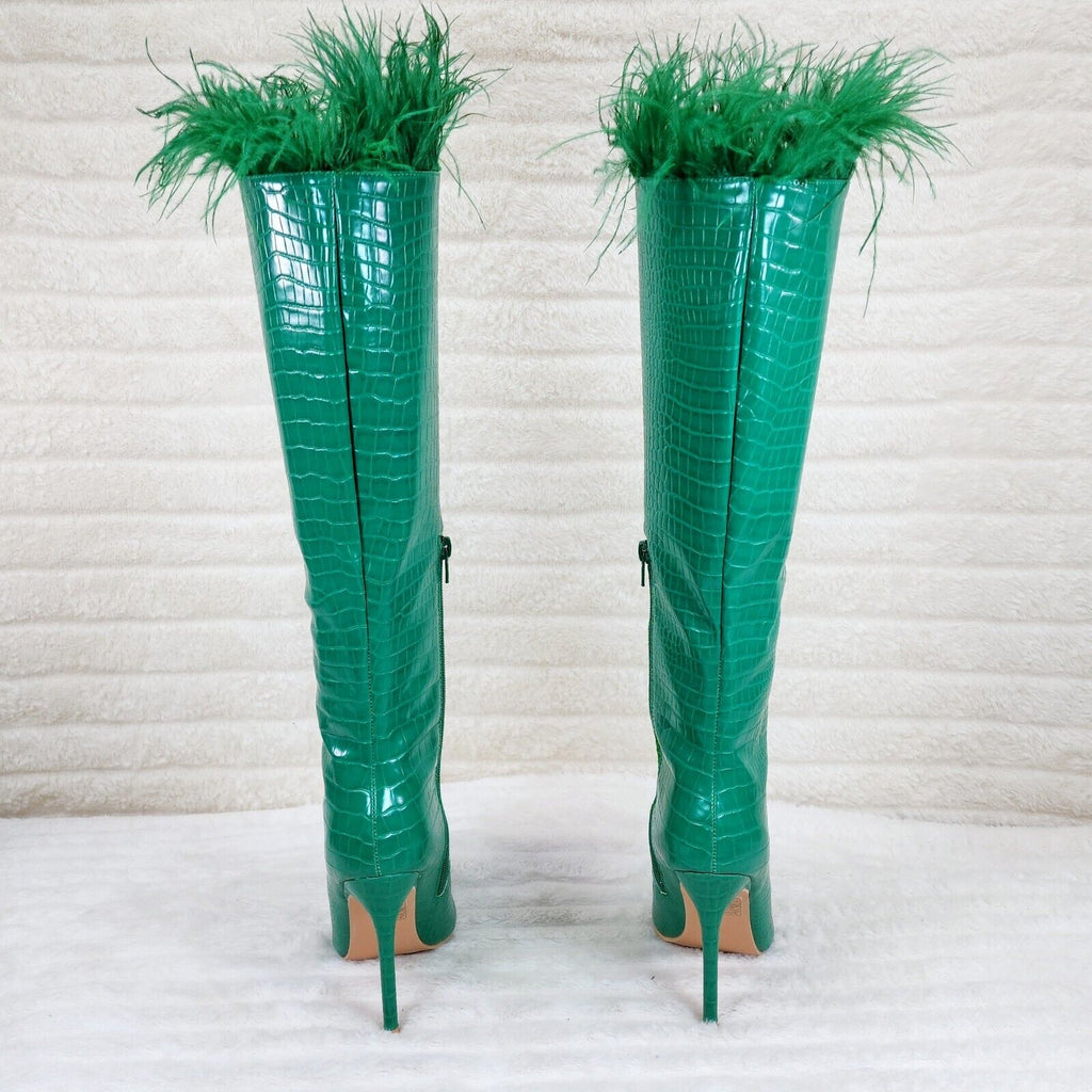 Flirty Green Snake Texture Knee High Heel Stiletto Boots Sexy Feather Top - Totally Wicked Footwear