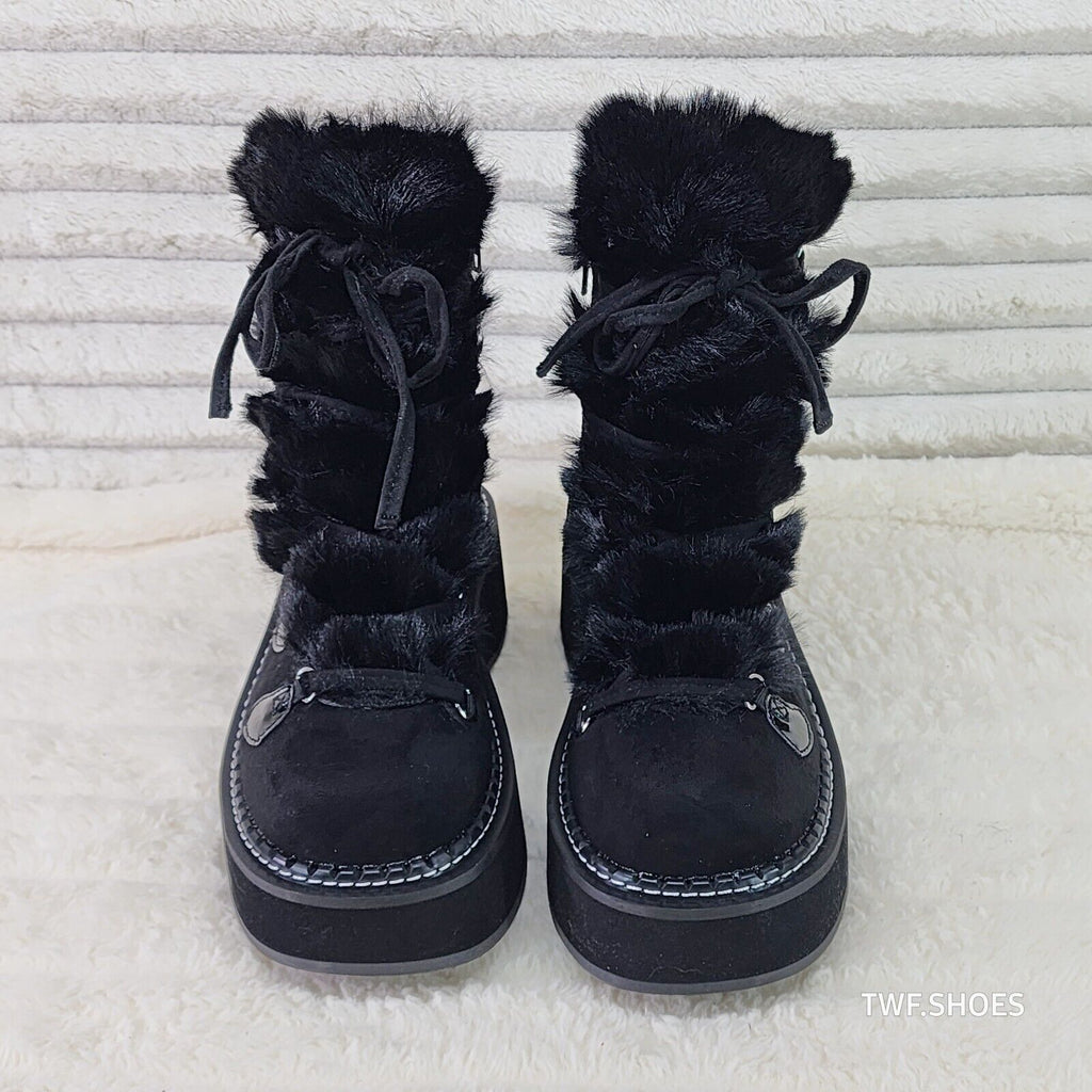 Emily Black Furry Heart Chain Goth 2" Platform Ankle Boots 55 Faux Fur - Totally Wicked Footwear