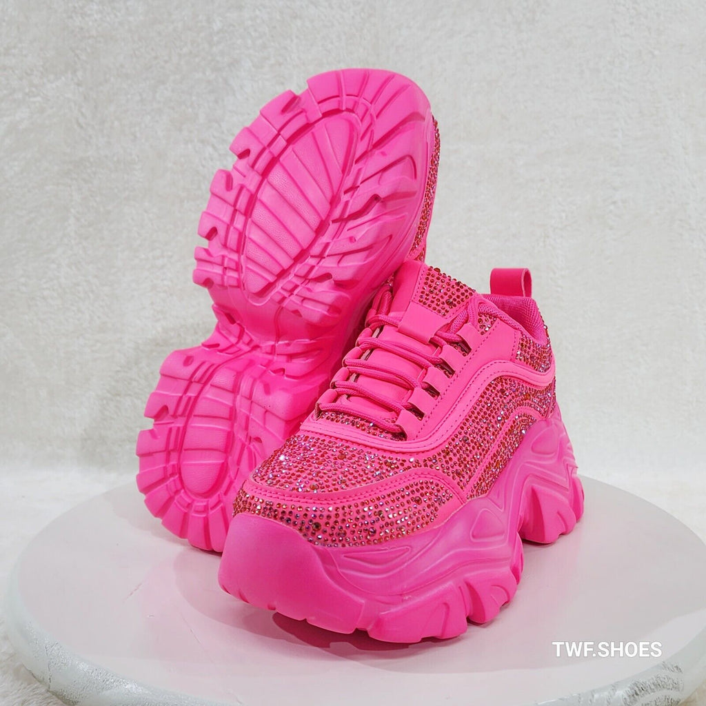 Cush Sport Rhinestone Comfy Platform Light Weight Sneakers Hot Pink - Totally Wicked Footwear