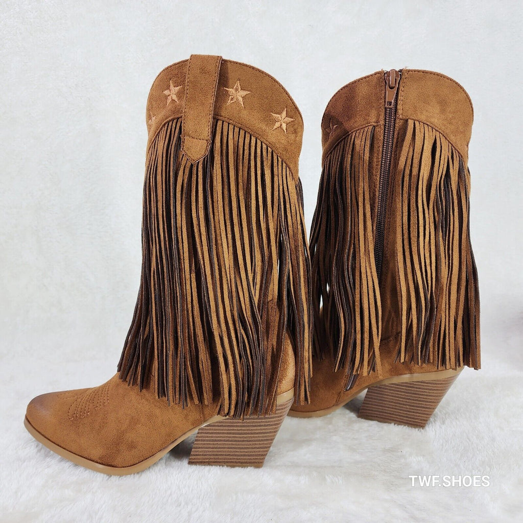 Dusty Trails Mid Calf Whiskey Brown Fringe Country Western Cowgirl Boots - Totally Wicked Footwear