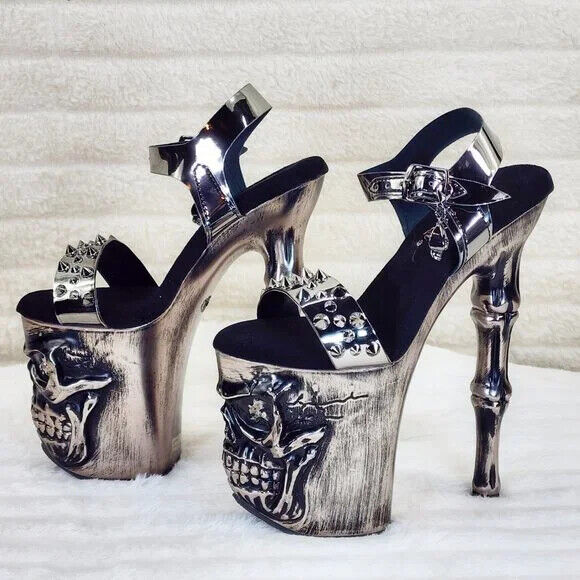 Rapture Silver Pewter Spike Skull & Bones LED 8" High Heel Platform Shoes NY - Totally Wicked Footwear