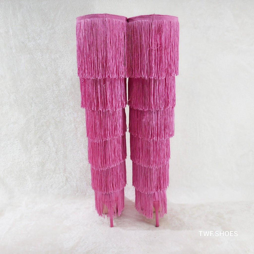 Gogo Fringed Thread Tassle OTK Thigh High Pink Satin High Heel Boots - Totally Wicked Footwear