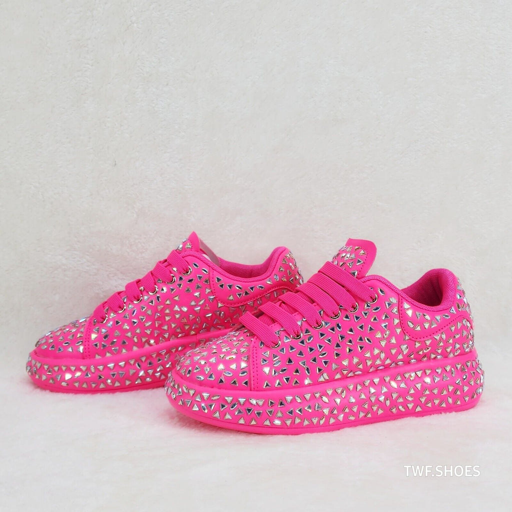 Geo Dazzle Cush Iridescent Stone Hot Pink Platform Sneakers Tennis Shoes - Totally Wicked Footwear