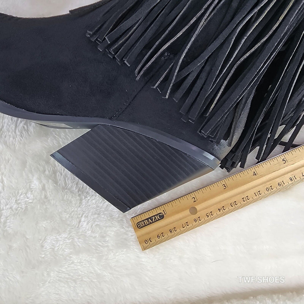 Dusty Trails Mid Calf Jet Black Fringe Country Western Cowgirl Boots - Totally Wicked Footwear