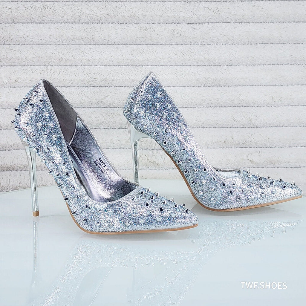 Wicked Sexy Spike Stud Iridescent Rhinestone High Heel Pump Shoes Silver - Totally Wicked Footwear