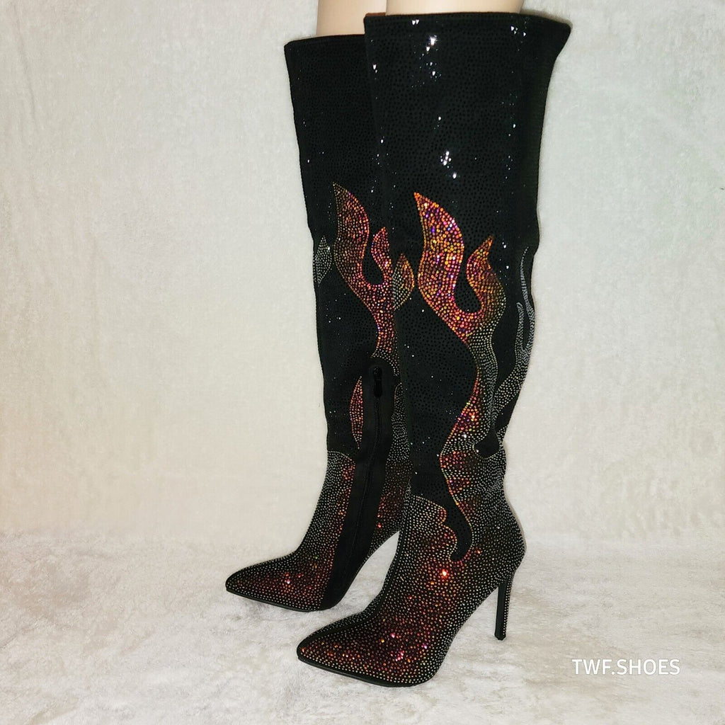 Fiery Desire Black & Gold Rhinestone Flame Detail Sexy OTK Thigh Boots - Totally Wicked Footwear