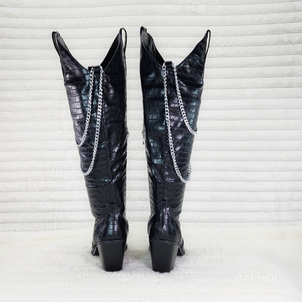 Dallas Black Snake Texture Western Knee High Draped Chain Cowgirl Boots - Totally Wicked Footwear