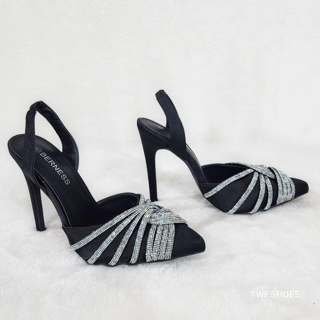 Elegance Slip on Slingback Black Satin Rhinestone Pointy Toe High Heels Shoes - Totally Wicked Footwear