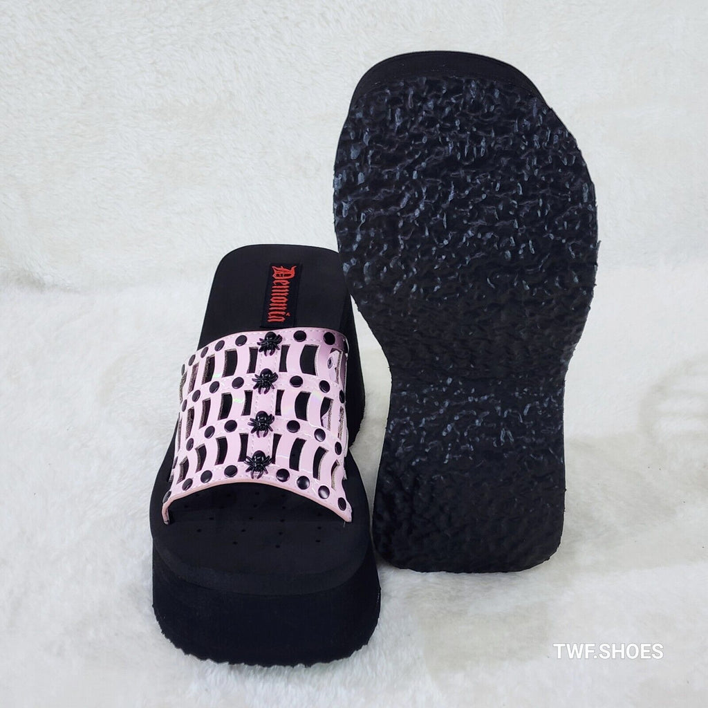 Funn Platform Goth Cut Out Web Sandals Spider Studs Slip On Shoes Pink Hologram - Totally Wicked Footwear