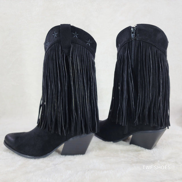 Dusty Trails Mid Calf Jet Black Fringe Country Western Cowgirl Boots - Totally Wicked Footwear