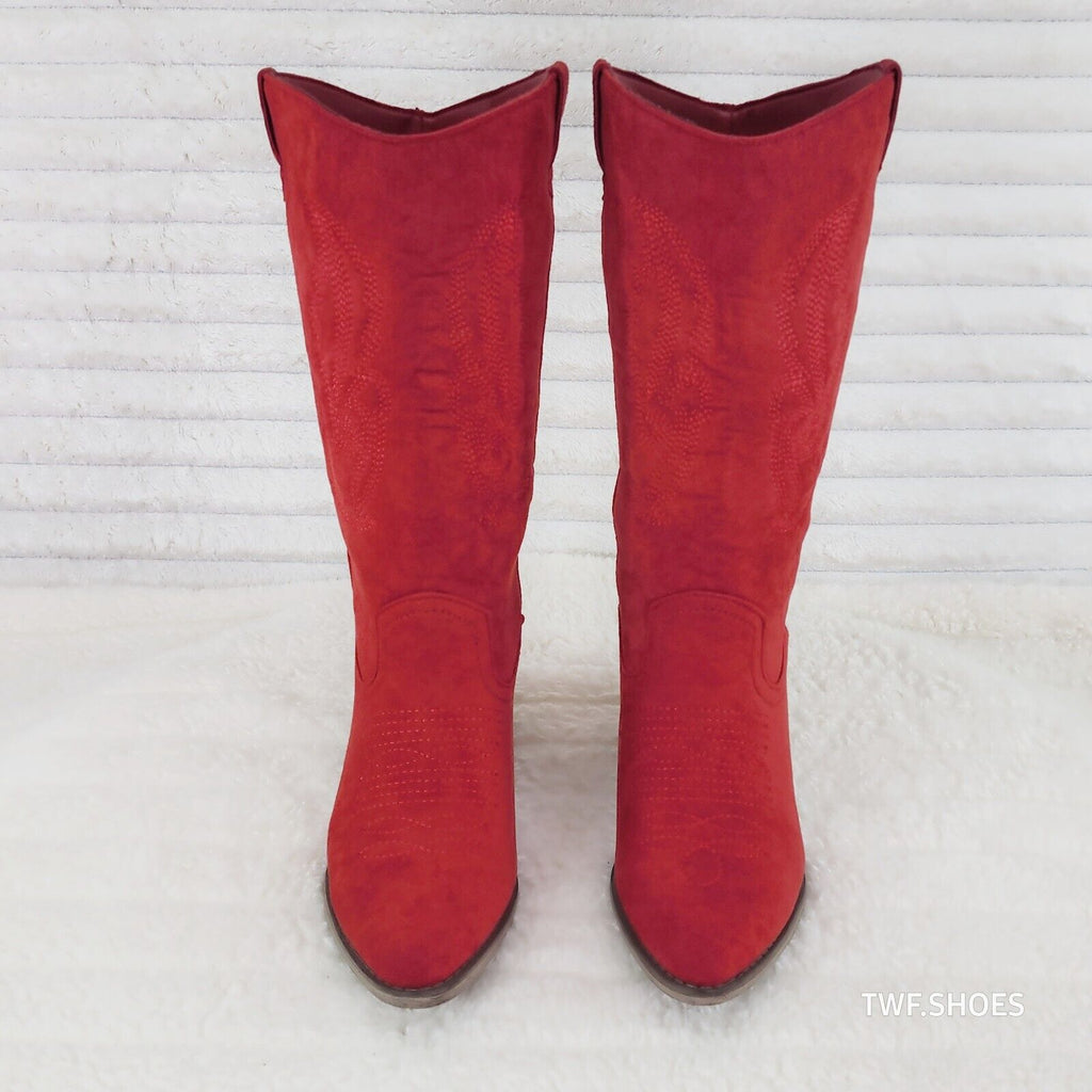 Wild Ones Red Faux Suede Pull On Mid Calf Cowboy Cowgirl Boots - Totally Wicked Footwear