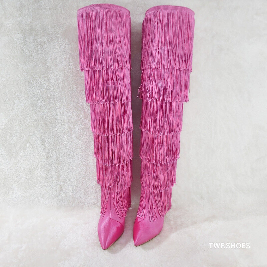 Gogo Fringed Thread Tassle OTK Thigh High Pink Satin High Heel Boots - Totally Wicked Footwear