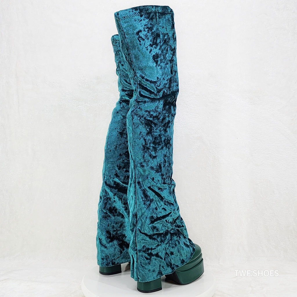 Unique Thigh High Green Velvet Fold over Skirted Chunky Heel Platform Boots - Totally Wicked Footwear