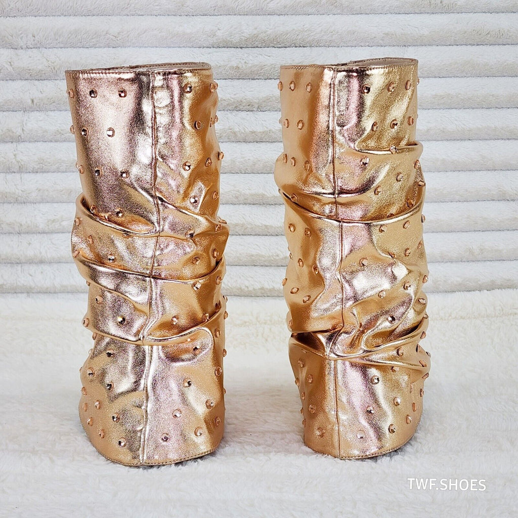 Fabulous Metallic Rose Gold Upper & Rhinestones Sandal Slouch Boots Shooties - Totally Wicked Footwear