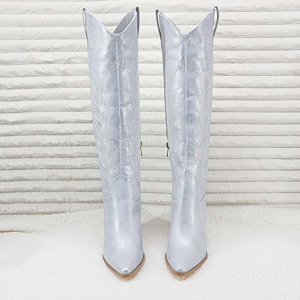 So Me Cruising Brushed Metallic Western Cowgirl Knee Boots Silver - Totally Wicked Footwear