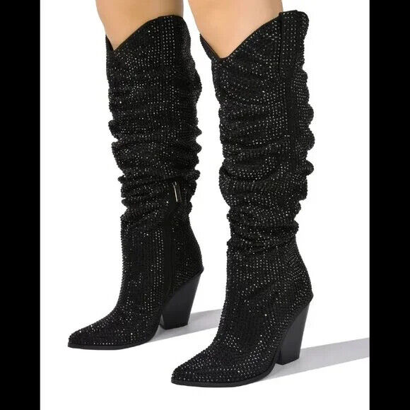 Cape Robbin Diamond Rider Black Rhinestone  Western Slouch Draped Knee Boots - Totally Wicked Footwear