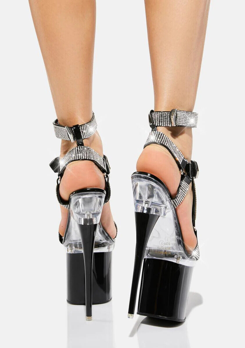 Bulls Black Slim Stiletto 8" Heel Rhinestone Harness Strap Platform Shoes - Totally Wicked Footwear