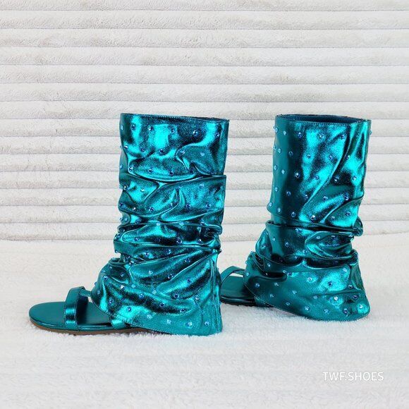 Fabulous Metallic Green Mermaid Upper & Rhinestones Sandal Slouch Boots Shooties - Totally Wicked Footwear