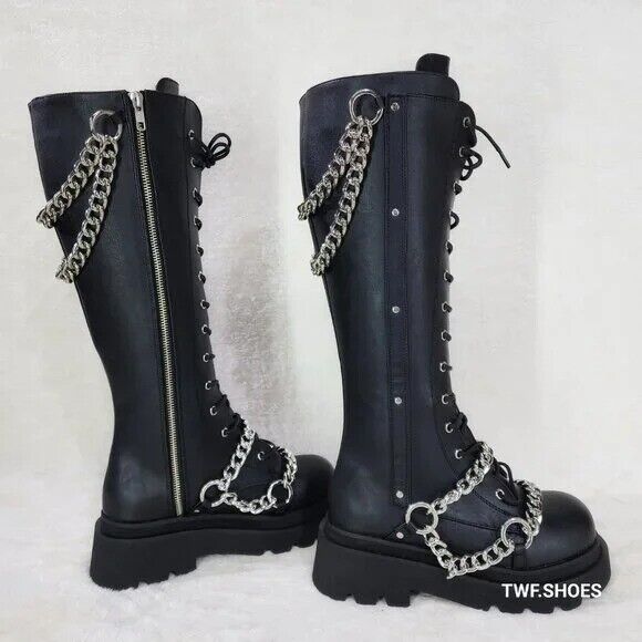 Renegade Lace Up Draped Chain Combat Knee High Boots Goth Punk Rocker Biker Boot - Totally Wicked Footwear
