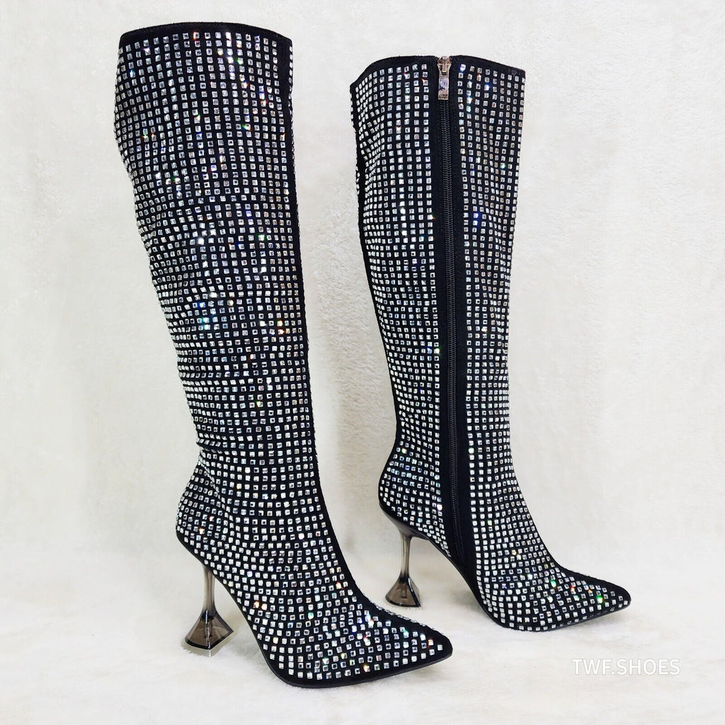 Glamour Shot Mirrored Rhinestone Tinted 4" Pyramid Heel Knee Boots Black - Totally Wicked Footwear
