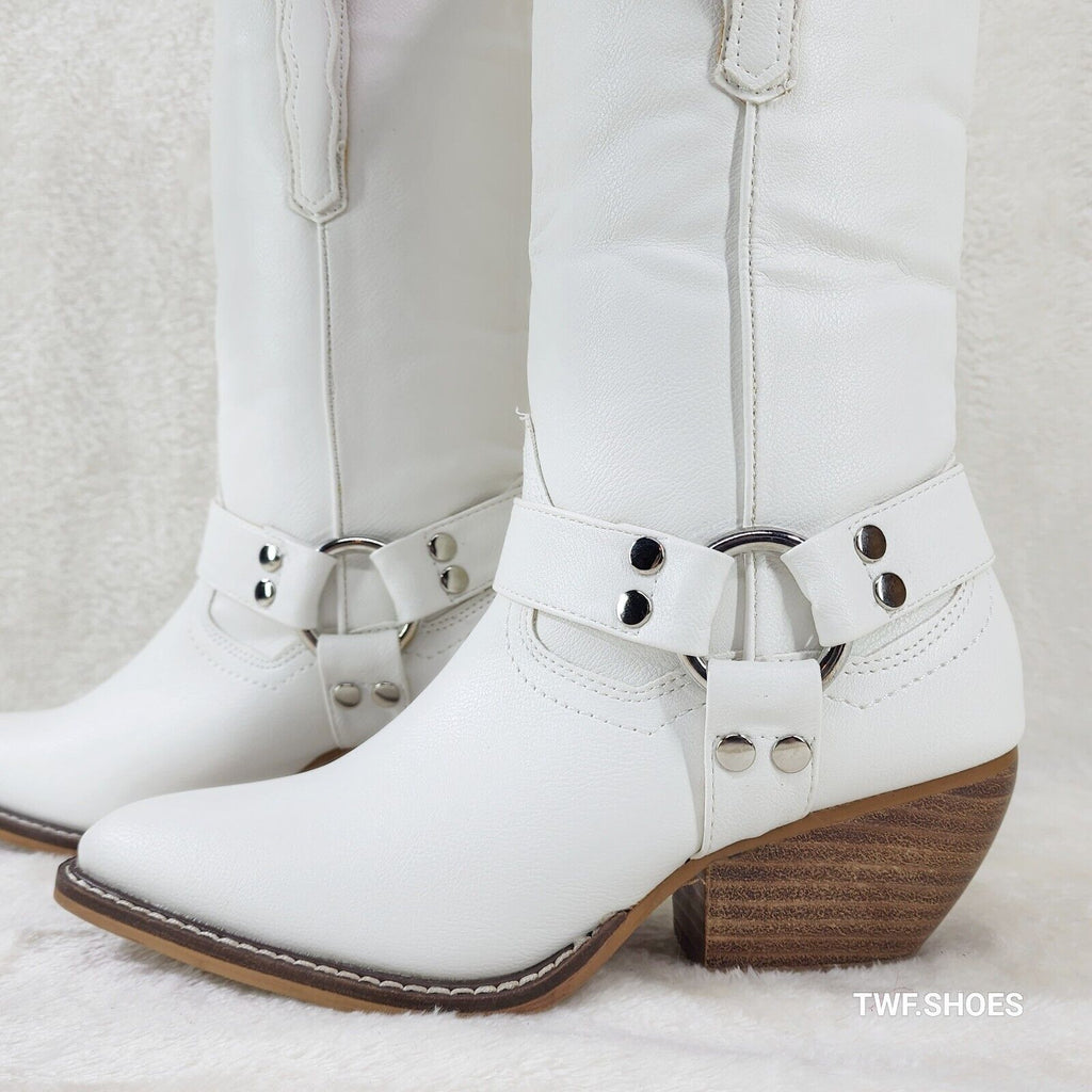 Western Rider Cut Harness White Leatherette Cowboy Pull On Country Cowgirl Boots - Totally Wicked Footwear